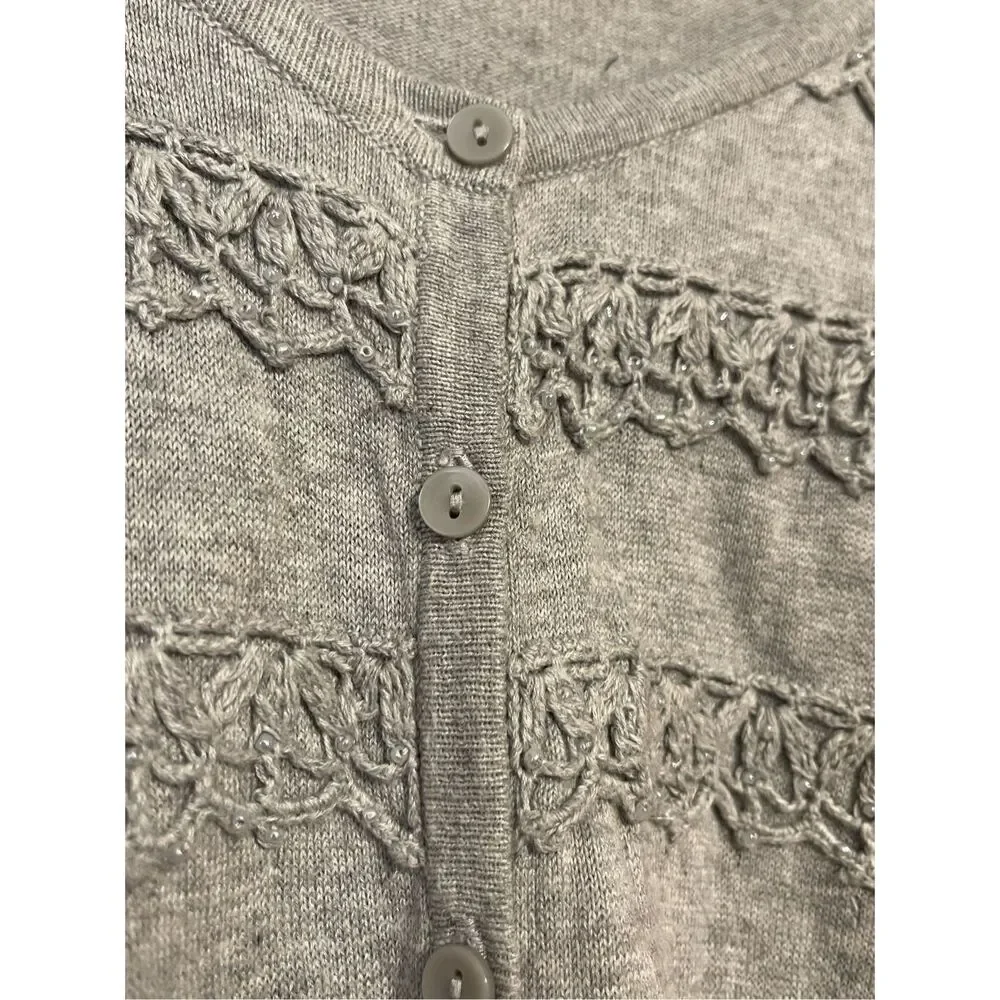 Halogen Womens Grey Silver Beaded Cotton Button up Cardigan Large